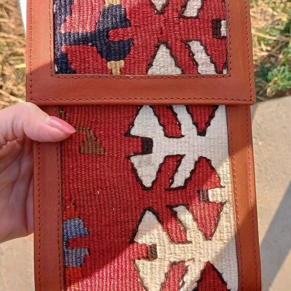 EM May Embroidered Handwoven Wool Leather Bag Multicolor Made In Turkey Kilim - Picture 5 of 11